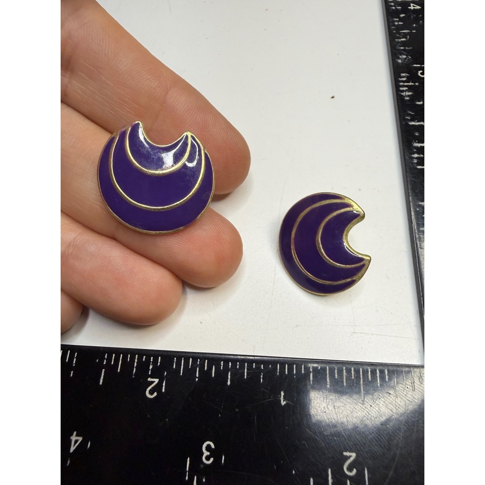 Vintage Purple Enamel Crescent Moon Gold Tone Post Stud Earrings Celestial